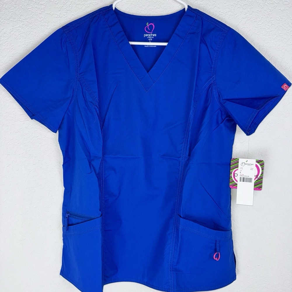 Peaches Scrub Top Womens Large Royal Blue Short Sleeve V-Neck Pocket Shirt 4178